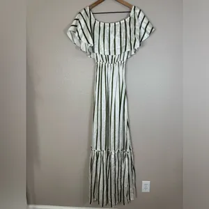 Astier New York Amal Striped Maxi Dress Pink Green XS Ruffle 100% Silk $595 thumbnail 10