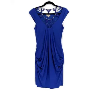 Karen Millen Royal‎ Blue Draped Ruched Bodycon Dress S Cage Neck Cocktail Glam thumbnail 3