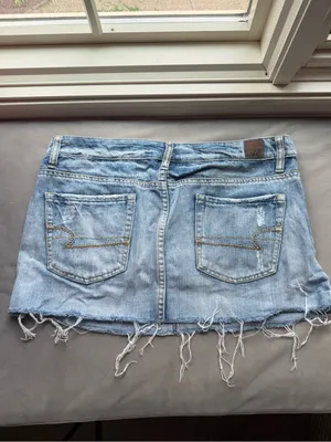 American Eagle Light Blue Denim Mini Skirt with Embroidered Waistband thumbnail 3