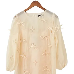 Lulus Aamira Cream Embroidered Bow Blouson Sleeve Shift Mini Dress size S NWOT thumbnail 7