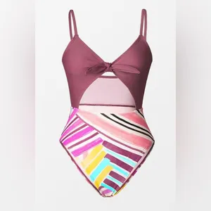 NWT Cupshe Cutout Knot One Piece Swimsuit Multicolor High Waist Size Small thumbnail 4
