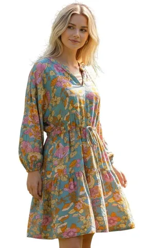 Entro Floral Mini Dress Womens Medium Blue Pink‎ Excellent Tiered Boho thumbnail 1
