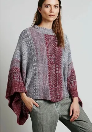 Free People Grey Burgundy Fair Isle Wool Blend Button Collar Poncho‎ Sweater M thumbnail 1
