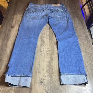True Religion Medium Blue Cuffed Denim Straight Leg Jeans thumbnail 6