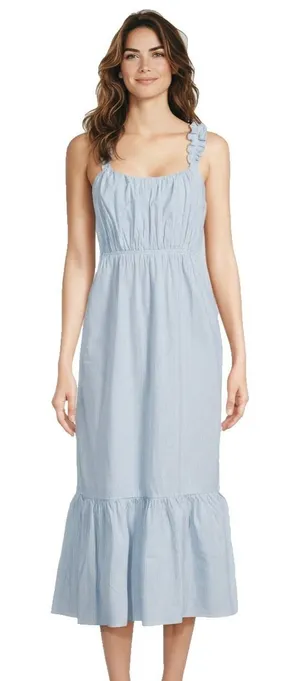 Time and Tru Womens Midi Dress Sz M Blue Ash Stripe Ruffle Strap Tie Back Flowy thumbnail 1