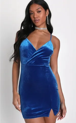NWT Lulus Royal Blue Velvet Surplice Mini Bodycon Dress Cocktail Size L thumbnail 1