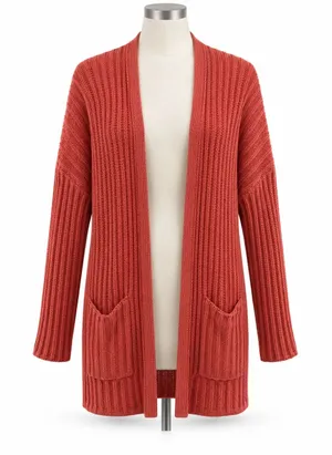 American Eagle Medium Cardigan Sweater Open Front Ribbed Coral Pink Knit Pockets thumbnail 1