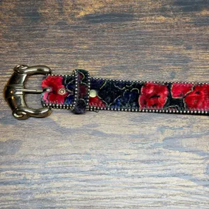Vintage Floral Velvet Belt Womens Medium Large Red Blue Gold Buckle Studded Trim thumbnail 4