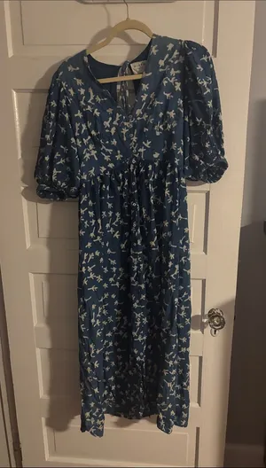 Blue Bird-Print Bohemian Dress thumbnail 1