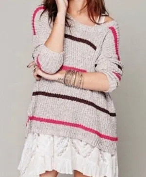 Free People Complete in Stripes Slouchy Oversized Sweater Grey Pink Brown XS thumbnail 1