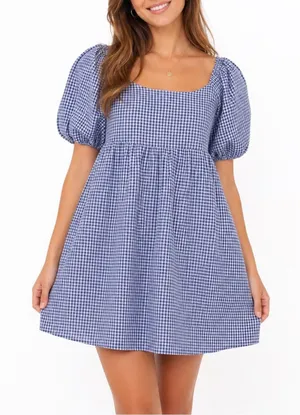 Old Navy Blue Gingham Puff Sleeve Smocked Mini Dress Womens Size M thumbnail 1
