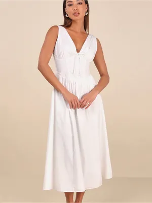 Lulus Lettie White Poplin Plunge Neck Midi Dress thumbnail 2