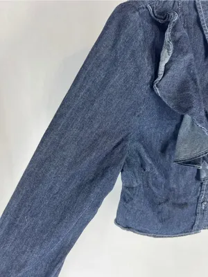 Avec Les Filles Ruffle Yoke Denim Button-Up Shirt Medium Blue Size M thumbnail 5