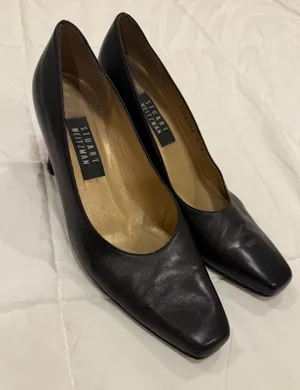Stuart Weitzman Vintage Black Leather Square-Toe Pumps Size 9B thumbnail 1