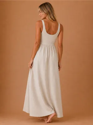 Zara Oatmeal Flowy Linen Lyocell Maxi Dress Smocked Back Sleeveless Boho Coastal thumbnail 4