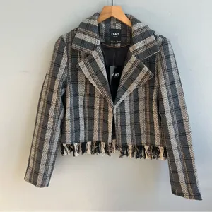 OAT NEW YORK NWT Plaid Fringe Blazer Tweed Cropped Jacket Size Large thumbnail 1