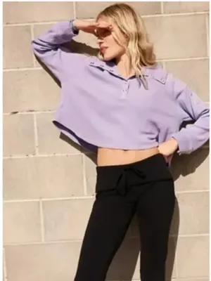 Free People FP Movement So Fly Henley Snap Neck Ribbed Pullover Purple Medium thumbnail 2