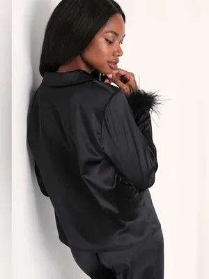 LULU’S Dreamiest Delight Black Satin Feather Two-Piece Pajama Set thumbnail 4