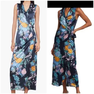 Quiet Luxury Watercolor Floral Bouquet Satin Wrap Maxi Dress Vince Designer XS thumbnail 4