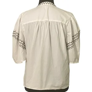 Calligraphie White Embroidered Peasant Blouse Cotton Boho Puff Sleeve Top Small thumbnail 3