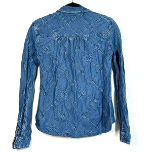 XS Shirt Top Pilcro by Anthropologie Quilted Patchwork Denim Button down jean thumbnail 3