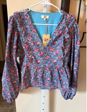 Entro Blue Pink Floral Corduroy Peplum Top V-Neck Ruffle Long Sleeve Blouse L thumbnail 1