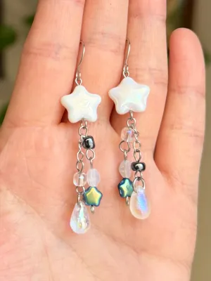 Handmade Czech glass beads fairy cottage whimsical dangle earrings🌟🩵 thumbnail 3