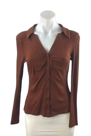 Madewell Women's Brown Collared Long Sleeve Button Down Tee T-Shirt Blouse Top S thumbnail 1