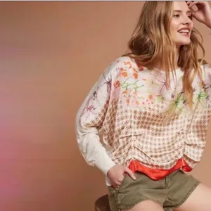 Anthropologie TINY Mixed Media Floral Geo Ruched Dolman Top XS Oversized thumbnail 2