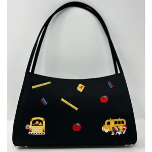 Women's Small Black Handbag School Bus Rulers Apples Crayons Notebook‎ thumbnail 1