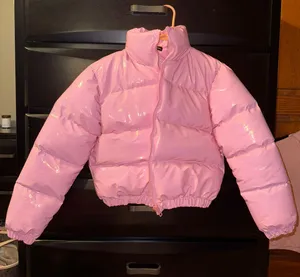 Pink Shiny Cropped Puffer Jacket thumbnail 1