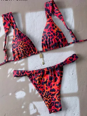 Red Orange Leopard Print Triangle Bikini Set thumbnail 1