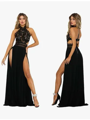 Sheer Black Lace Halter Neck Open Back High Slit Maxi Evening Gown Size Small thumbnail 3