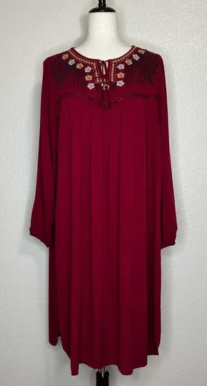 Dabenti Embroidered Sequins Burgundy Long Sleeves Midi Dress, Size XL thumbnail 1
