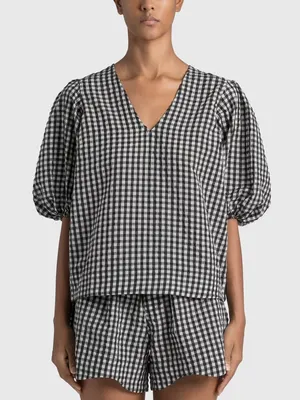 Ganni Seersucker Check Plaid Balloon Sleeve Blouse Womens 36 4 Black White thumbnail 1