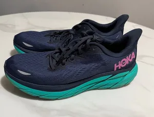 Hoka Women's Running Shoes - Navy Upper with Teal Midsole and Pink Logo thumbnail 1