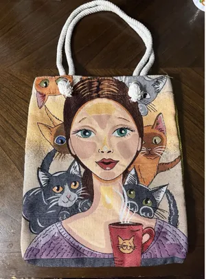 Handmade Artistic Tapestry Cat Lady Tote Bag With Rope Handles Coffee Mug Whimsical Boho thumbnail 1