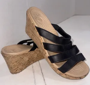 Crocs A-Leigh Cork Wedge Black Sandals Strappy Leather Classic Women's Size 7 thumbnail 1