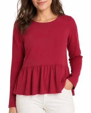 Old Navy T Shirt Women Medium Maroon Ruffled Hem Round Neck Long Sleeve Pullover thumbnail 1