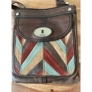 Fossil Maddox patchwork mini crossbody bag purse flap leather suede herringbone thumbnail 2