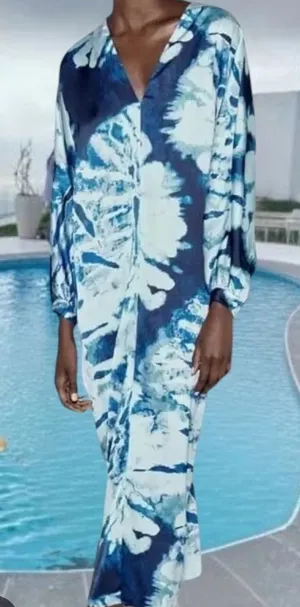 ZARA satin effect blue tie dye dress nwt thumbnail 1