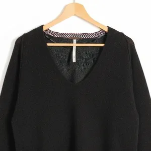 Free People Fringed V-Neck Solid Knit Sweater Black Boho Raw Edge Size S thumbnail 4