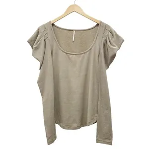 Free People Penelope Tan Striped Knit Top Long Ruched Puff Sleeves Size Medium thumbnail 2