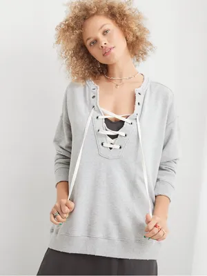 Aerie Lace Up Oversized Crew Sweatshirt in Gray Size Medium thumbnail 2