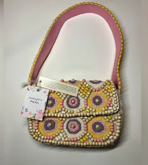 Handcrafted in India Colorful Pink Pastel Wooden Beaded Shoulder Bag Purse thumbnail 4