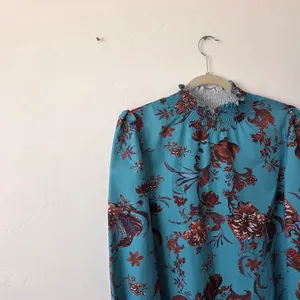 SheIn Blue Floral Blouse Top Smocked Ruched High Neck Boho Indie Gypsy Modest Medium thumbnail 6