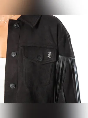Juicy Couture Black Faux Suede Fringe Trucker Jacket Size Medium thumbnail 4