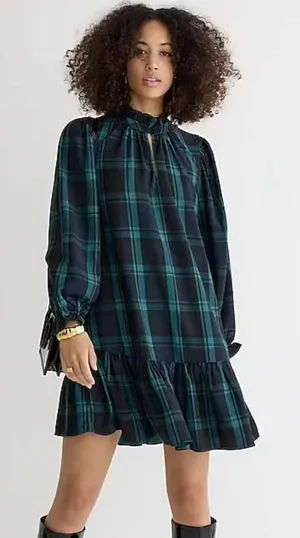 J.Crew‎ BN151 Blackwatch Plaid Ruffle Neck Mini Dress Small Puff Sleeve Tartan thumbnail 1