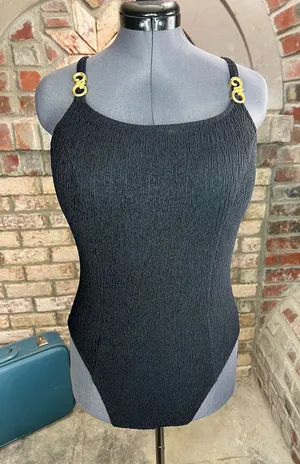 Jantzen one piece swimsuit Vintage black textured gold buckles thumbnail 1