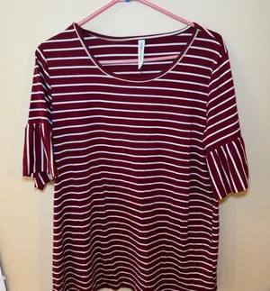 Tickled Teal Burgundy and White Striped Ruffle Sleeve Top thumbnail 1